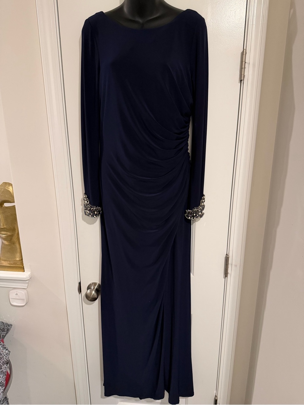 Eliza J Navy Long-Sleeve Evening Gown with Beaded Cuffs